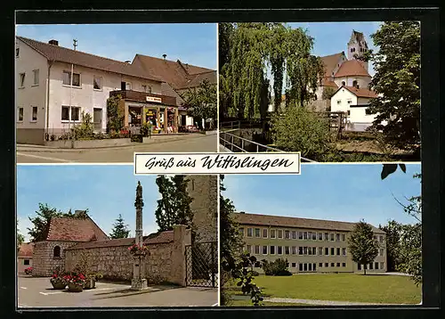 AK Wittislingen, Strassenpartie mit Zeitungsladen, Gebäudeansicht, Denkmal