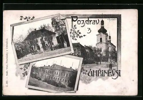 AK Prag / Praha-Uhrineves, Radnice, Skola, Kostel