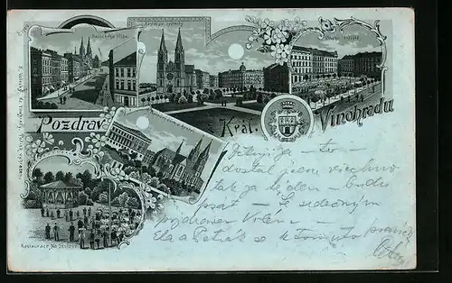 Mondschein-Lithographie Prag / Praha-Kral. Vinohradu, Restaurace Na Feslove, Narodni dum a kostel, Palackeho trida