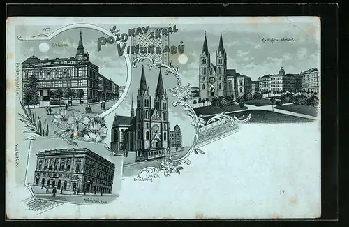 Mondschein-Lithographie Prag / Praha-Kral. Vinohradu, Radnice, Chram sv. Ludmily, Narodni dum