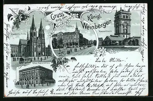 Mondschein-Lithographie Prag / Praha, Kgl. Weinberge, Rathaus, Böhmisches Nationalhaus, Wasserthurm