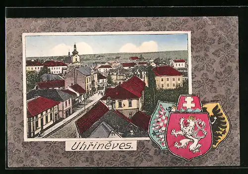 AK Prag / Praha-Uhrineves, Teilansicht des Stadtteils, Wappen