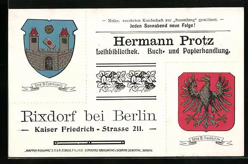 Künstler-AK Rixdorf bei Berlin, Buch- und Papierhandlung Hermann Protz, Kaiser Friedrich-Str. 211, Wappen