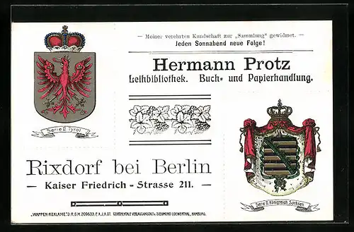 Künstler-AK Rixdorf bei Berlin, Buch- und Papierhandlung Hermann Protz, Kaiser Friedrich-Str. 211, Wappen