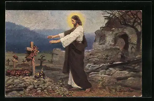 Künstler-AK sign. R. Leinweber: Jesus am Grab eines Soldaten