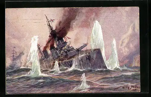 Künstler-AK Willy Stoewer: Englisches Kriegsschiff im Salvenfeuer deutscher Kreuzer, Seegefecht in der Nordsee 1915