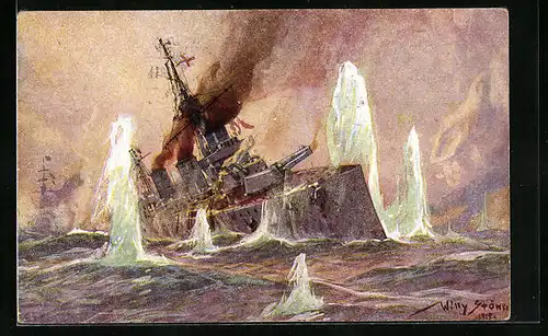 Künstler-AK Willy Stoewer: Englisches Kriegsschiff im Salvenfeuer deutscher Kreuzer, Seegefecht in der Nordsee 1915