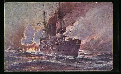 Künstler-AK Willy Stoewer: Madras, Beschiessung der Stadt durch Kriegsschiff S. M. Emden