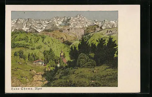 Künstler-AK Hans Thoma: Alpenlandschaft mit Kirche