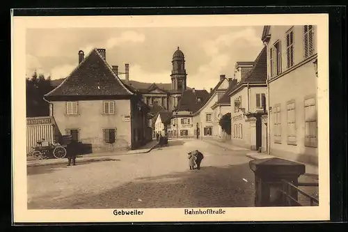 AK Gebweiler, Bahnhofstrasse mit Café