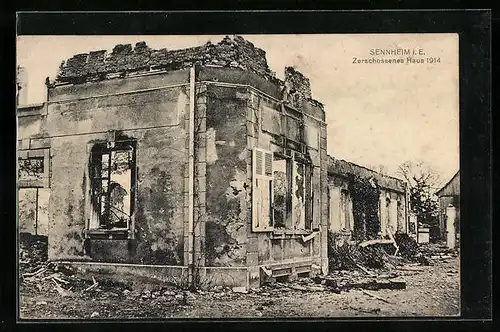 AK Sennheim i. R., Zerschossenes Haus 1914