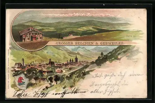 Lithographie Gebweiler, Ortsansicht und Grosser Belchen