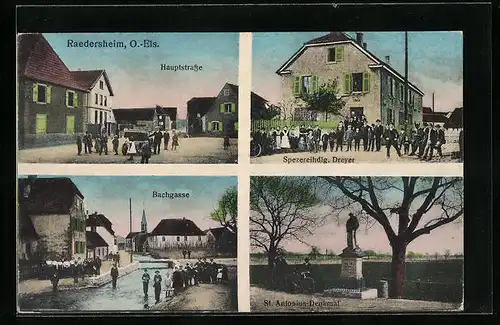 AK Raedersheim, Handlung Dreyer, Bachgasse, Hauptstrasse, St. Antonius-Denkmal