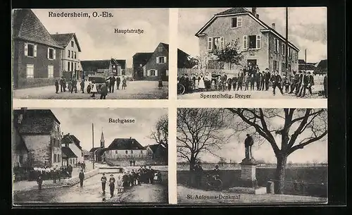 AK Raedersheim, Handlung Dreyer, Bachgasse, Hauptstrasse, St. Antonius-Denkmal