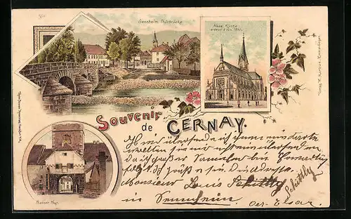 Lithographie Cernay, Thanner Thor, Neue Kirche