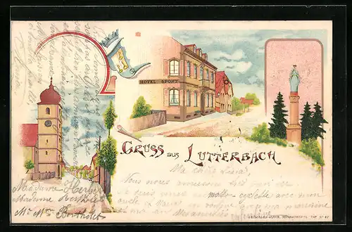 Lithographie Lutterbach, Hotel Spony, Strassenpartie bei der Kirche