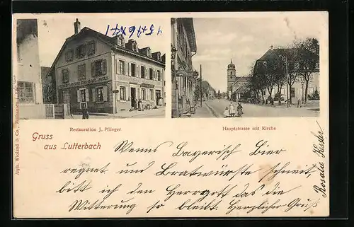 AK Lutterbach, Restaurant J. Pflieger, Hauptstrasse mit Kirche