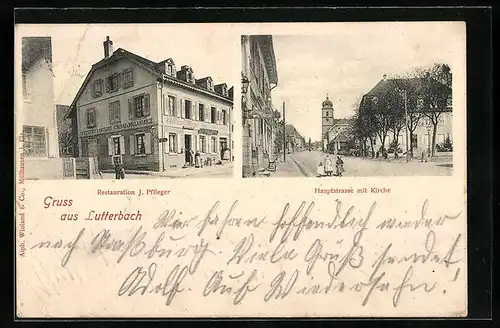 AK Lutterbach, Gasthaus J. Pflieger, Hauptstrasse mit Kirche