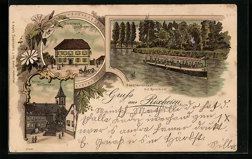 Lithographie Rixheim, Gasthaus zum Schwanen, Napoleonsinsel mit Motorboot