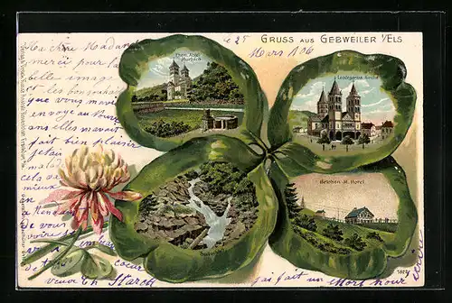 Lithographie Gebweiler, Belchen M. Hotel, Leodegarius Kirche, Kleeblatt