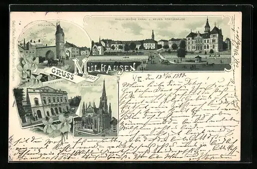 Lithographie Mülhausen, Theater, Rhein-Rhone-Kanal und neues Postgebäude