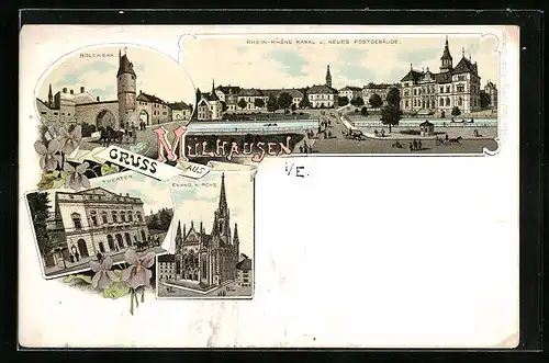 Lithographie Mülhausen, Theater, Rhein-Rhone-Kanal und neues Postgebäude, Bollwerk
