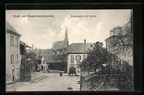 AK Niedermorschweiler, Strassenpartie mit Blick zur Kirche