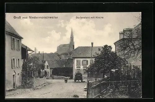 AK Niedermorschweiler, Strassenpartie mit Blick zur Kirche