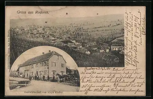 AK Roderen, Gasthaus von Aloys Kieffer, Ortsansicht aus der Vogelschau