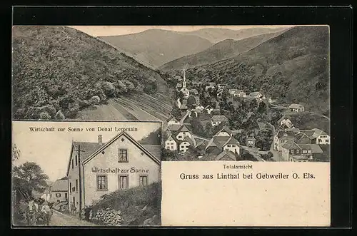 AK Linthal, Gasthaus zur Sonne von Donat Leromain, Ortsansicht aus der Vogelschau