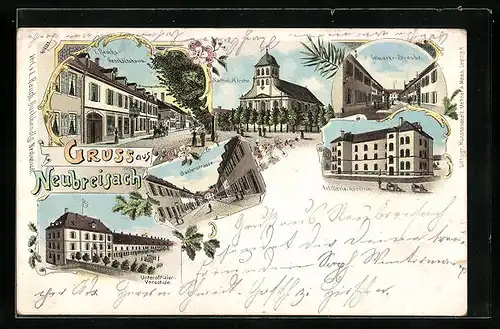 Lithographie Neubreisach, Colmarer Strasse, Artillerie-Kaserne, L. Rauchs Geschäftshaus