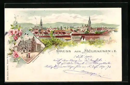 Lithographie Mülhausen, Rathaus, Blick über die Dächer der Stadt