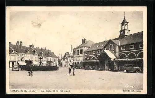 AK Contres, La Halle et le Jet d`eau