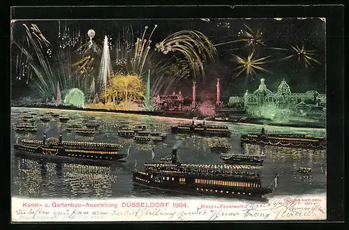 AK Düsseldorf, Kunst- u. Gartenbau-Ausstellung 1904, Riesen-Feuerwerk, Dampfer