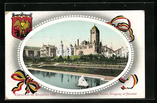 AK Bruxelles, Exposition 1910, Pavillons Italien, Uruguay et Herstal