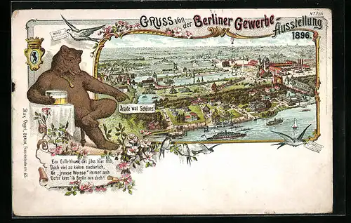 Lithographie Berlin, Gewerbe-Ausstellung 1896, Teilansicht mit Ausstellungshalle, Berliner Bär