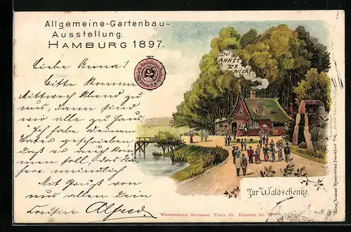 Lithographie Hamburg, Allgemeine-Gartenbau-Ausstellung 1897, Gasthaus Zur Waldschenke