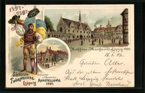 Lithographie Leipzig, Sächsisch-Thüringische Industrie & Gewerbe-Ausstellung 1897, Eingang zur Messstadt