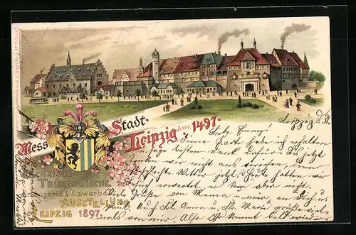 Lithographie Leipzig, Sächsisch-Thüringische Industrie & Gewerbe-Ausstellung 1897, Ausstellungsgelände und Strassenbahn