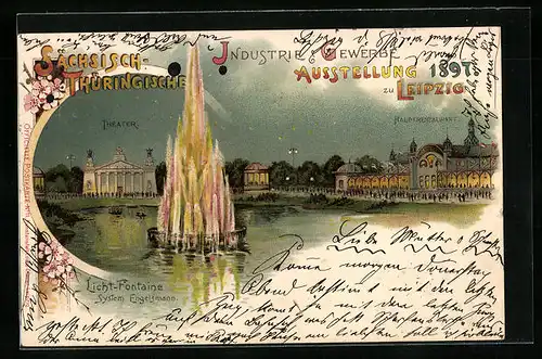 Lithographie Leipzig, Sächsisch-Thüringische Industrie & Gewerbe-Ausstellung 1897, Hauptrestaurant und Theater bei Nacht