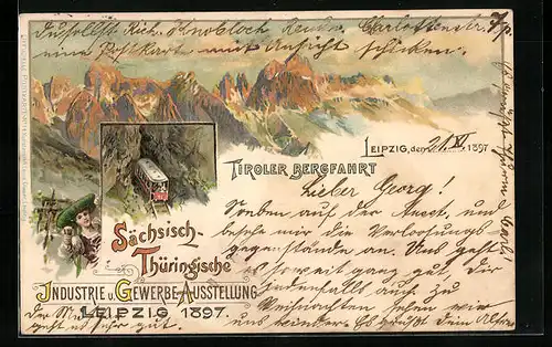 Lithographie Leipzig, Sächsisch-Thüringische Industrie & Gewerbe-Ausstellung 1897, Tiroler Bergfahrt, Frau in Tracht