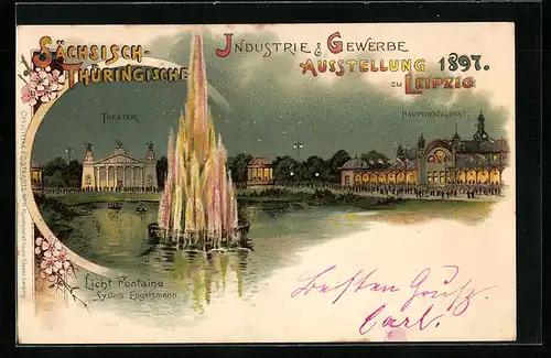 Lithographie Leipzig, Sächsisch-Thüringische Industrie & Gewerbe-Ausstellung 1897, Hauptrestaurant und Theater bei Nacht