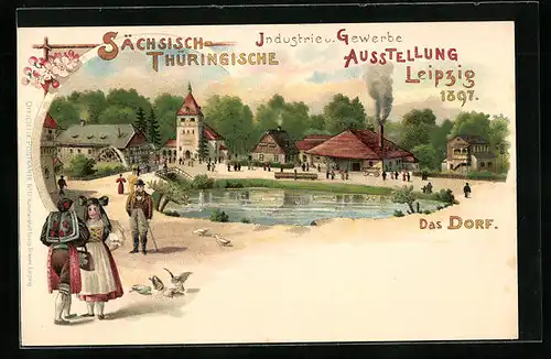 Lithographie Leipzig, Sächsisch-Thüringische Industrie & Gewerbe-Ausstellung 1897, Das Dorf