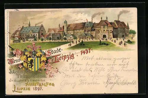 Lithographie Leipzig, Sächsisch-Thüringische Industrie & Gewerbe-Ausstellung 1897, Ausstellungsgelände mit Strassenbahn
