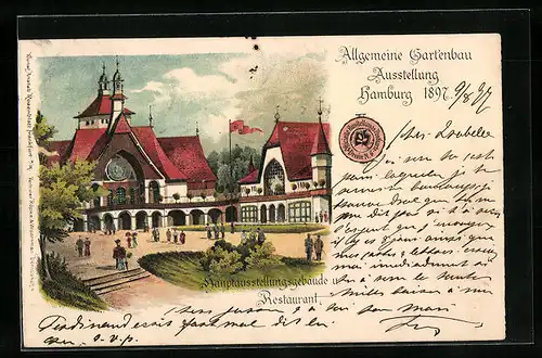 Lithographie Hamburg, Allgemeine Gartenbau-Ausstellung 1897, Hauptausstellungsgebäude und Restaurant