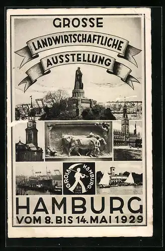 AK Hamburg, Grosse Landwirtschaftliche Ausstellung 1929, Denkmal, Uferpartie mit Segelbooten, Dampfer