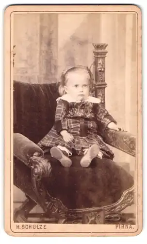 Fotografie H. Schulze, Pirna, Grohmannstr. 2, Kleines Mädchen in kariertem Kleid auf Sessel