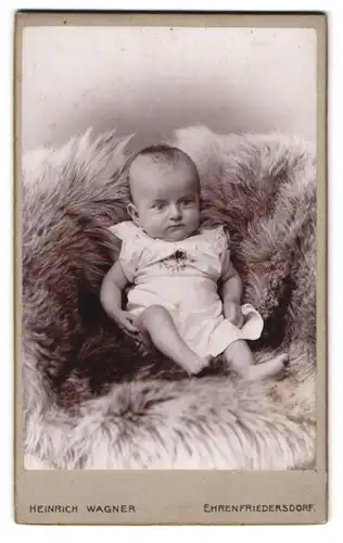 Fotografie Heinrich Wagner, Ehrenfriedersdorf, Baby in weissem Kleid liegt auf Fell gebettet
