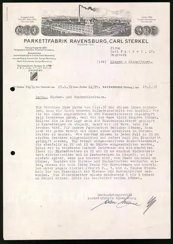 Rechnung Ravensburg 1952, Parkettfabrik Carl Sterkel, Blick auf die Werksanlage