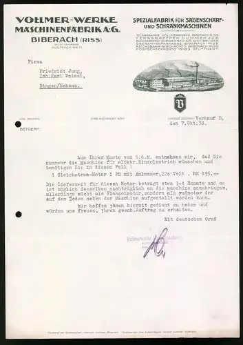 Rechnung Biberach / Riss 1938, Spezialfarbik für Sägenschärf- und Schränkmaschinen, Werksansicht